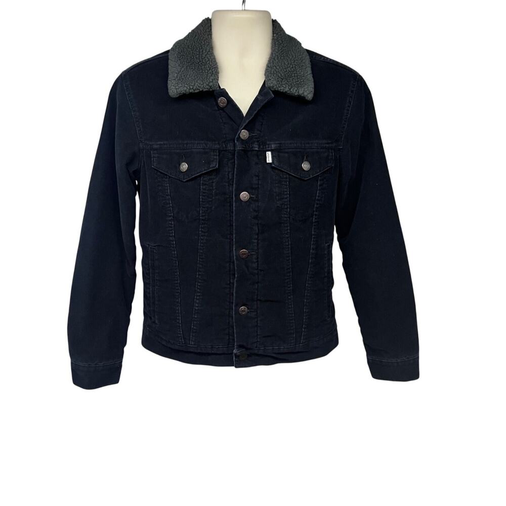 Levis Black Corduroy Button Up Trucker Jacket Small Sherpa Lined Flap Pockets